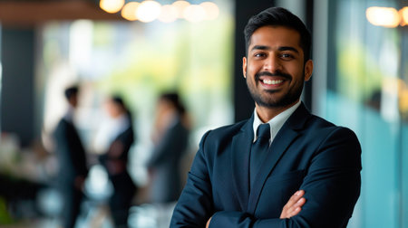 Portrait of a handsome smiling businessman boss standing in his modern business company office.の素材