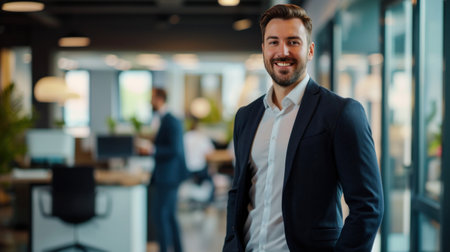Portrait of a handsome smiling businessman boss standing in his modern business company office.の素材