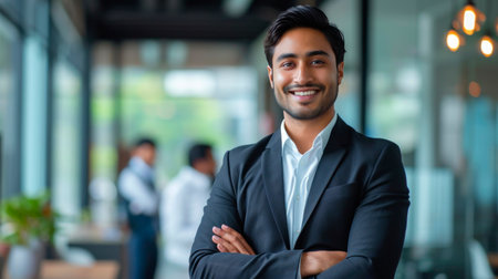 Portrait of a handsome smiling businessman boss standing in his modern business company office.の素材
