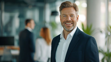 Portrait of a handsome smiling businessman boss standing in his modern business company office.の素材
