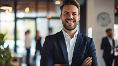 Portrait of a handsome smiling businessman boss standing in his modern business company office.の素材