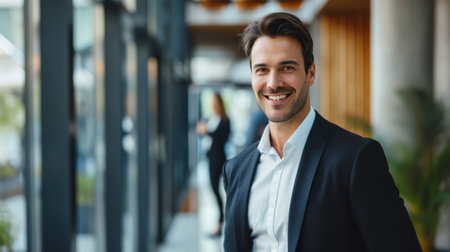 Portrait of a handsome smiling businessman boss standing in his modern business company office.の素材