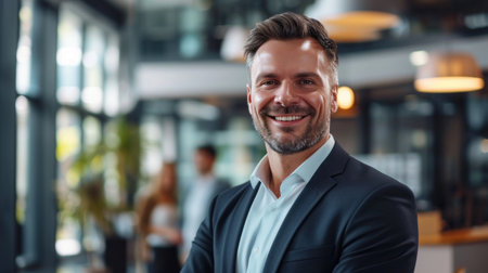 Portrait of a handsome smiling businessman boss standing in his modern business company office.の素材