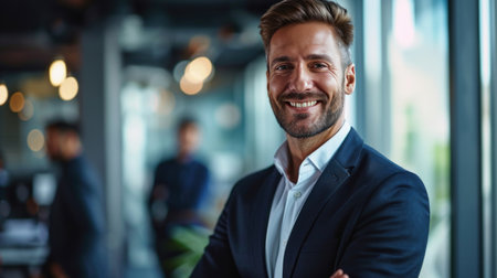 Portrait of a handsome smiling businessman boss standing in his modern business company office.の素材