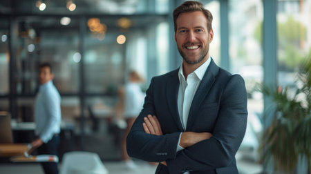 Portrait of a handsome smiling businessman boss standing in his modern business company office.の素材