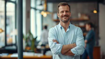 Portrait of a handsome smiling businessman boss standing in his modern business company office.の素材