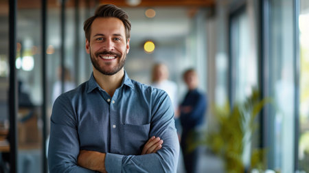 Portrait of a handsome smiling businessman boss standing in his modern business company office.の素材