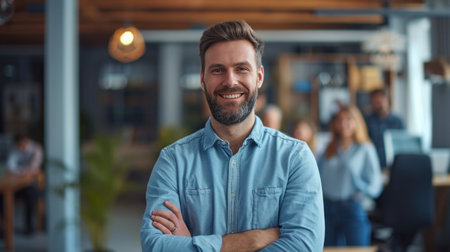 Portrait of a handsome smiling businessman boss standing in his modern business company office.の素材