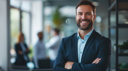 Portrait of a handsome smiling businessman boss standing in his modern business company office.の素材