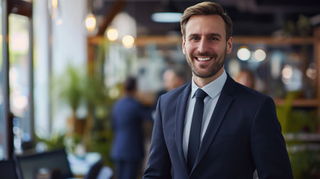 Portrait of a handsome smiling businessman boss standing in his modern business company office.の素材