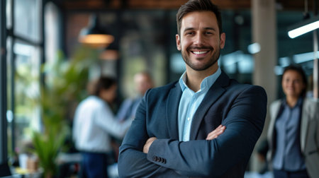 Portrait of a handsome smiling businessman boss standing in his modern business company office.の素材