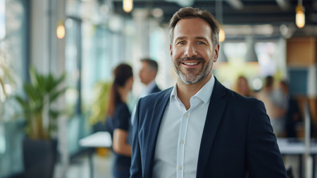 Portrait of a handsome smiling businessman boss standing in his modern business company office.の素材
