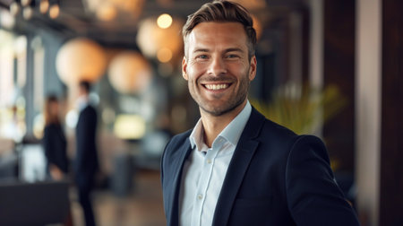 Portrait of a handsome smiling businessman boss standing in his modern business company office.の素材