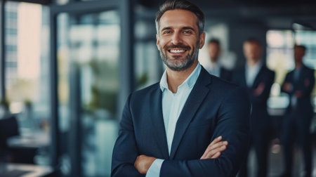 Portrait of a handsome smiling businessman boss standing in his modern business company office.の素材