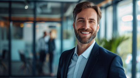 Portrait of a handsome smiling businessman boss standing in his modern business company office.の素材