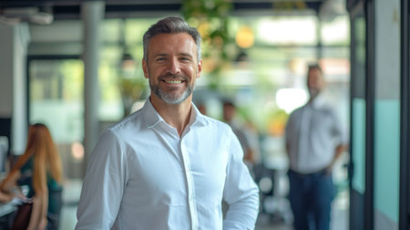 Portrait of a handsome smiling businessman boss standing in his modern business company office.の素材