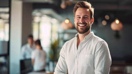Portrait of a handsome smiling businessman boss standing in his modern business company office.の素材