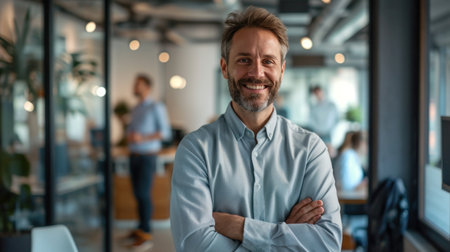 Portrait of a handsome smiling businessman boss standing in his modern business company office.の素材