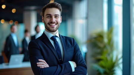 Portrait of a handsome smiling businessman boss standing in his modern business company office.の素材