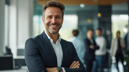 Portrait of a handsome smiling businessman boss standing in his modern business company office.の素材
