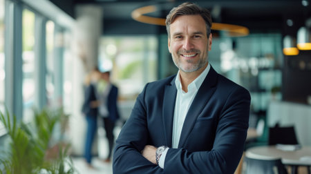 Portrait of a handsome smiling businessman boss standing in his modern business company office.の素材