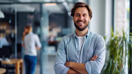 Portrait of a handsome smiling businessman boss standing in his modern business company office.の素材