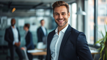 Portrait of a handsome smiling businessman boss standing in his modern business company office.の素材