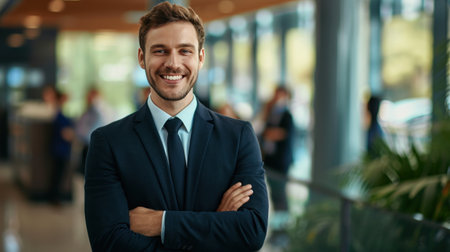 Portrait of a handsome smiling businessman boss standing in his modern business company office.の素材