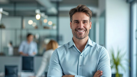 Portrait of a handsome smiling businessman boss standing in his modern business company office.の素材