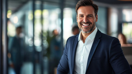 Portrait of a handsome smiling businessman boss standing in his modern business company office.の素材