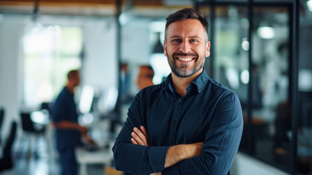 Portrait of a handsome smiling businessman boss standing in his modern business company office.の素材