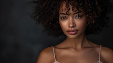 Captivating Black Woman with Curly Hair in Lace Topの素材