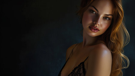 Elegant Woman Posing in Lace Lingerie in Studio Settingの素材