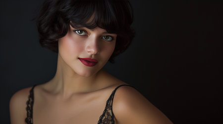 Elegant Woman Posing in Lace Lingerie in Studio Settingの素材