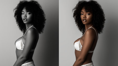Captivating Black Woman with Curly Hair in Lace Topの素材