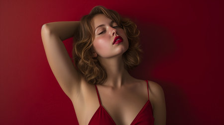 Elegant Woman Posing in Lace Lingerie in Studio Settingの素材