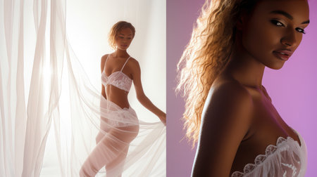 Elegant Woman Posing in Lace Lingerie in Studio Settingの素材