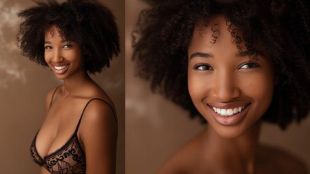 Captivating Black Woman with Curly Hair in Lace Topの素材