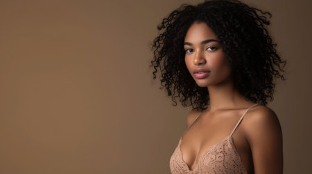 Captivating Black Woman with Curly Hair in Lace Topの素材