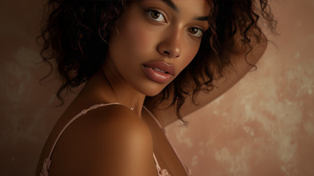 Captivating Black Woman with Curly Hair in Lace Topの素材