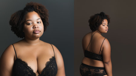Confident Plus-Size Model Showcasing Elegant Lace Lingerieの素材