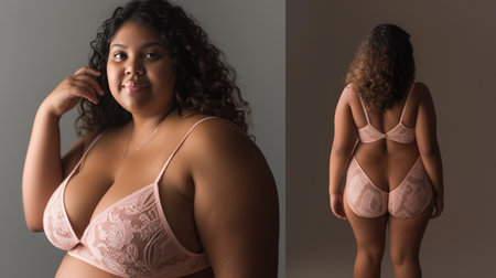 Confident Plus-Size Model Showcasing Elegant Lace Lingerieの素材