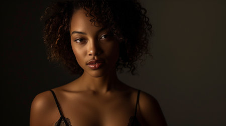 Captivating Black Woman with Curly Hair in Lace Topの素材