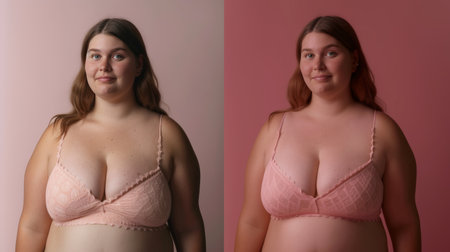 Confident Plus-Size Model in Elegant Lace Lingerie on a Pastel Backgroundの素材