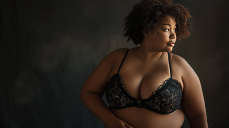 Confident Plus-Size Model in Elegant Lace Lingerie on a Pastel Backgroundの素材