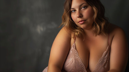 Confident Plus-Size Model in Elegant Lace Lingerie on a Pastel Backgroundの素材