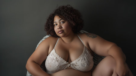 Confident Plus-Size Model in Elegant Lace Lingerie on a Pastel Backgroundの素材