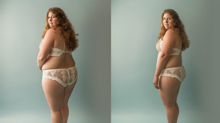 Confident Plus-Size Model Showcasing Elegant Lace Lingerieの素材