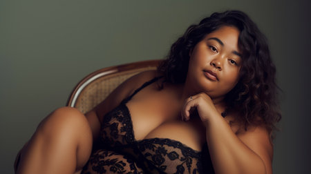 Confident Plus-Size Model in Elegant Lace Lingerie on a Pastel Backgroundの素材