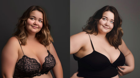 Confident Plus-Size Model in Elegant Lace Lingerie on a Pastel Backgroundの素材